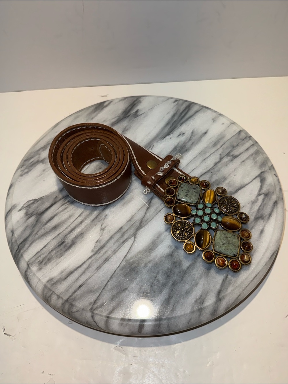 Vtg LEATHEROCK 4 1/2” Semi-precious Gemstone Belt Buckle & Leather Belt 32”
